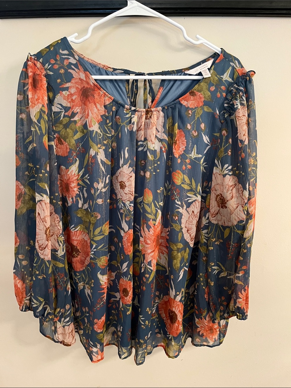 Floral Tie-Back Boho Blouse - Navy with Coral and Cream Flowers